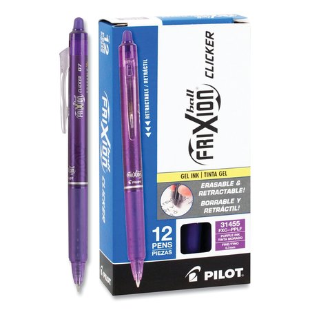 Pilot FriXion Clicker Erasable Gel Pen, Retractable, Fine 0.7 mm, Purple Ink, Purple Barrel, 12PK PIL31455